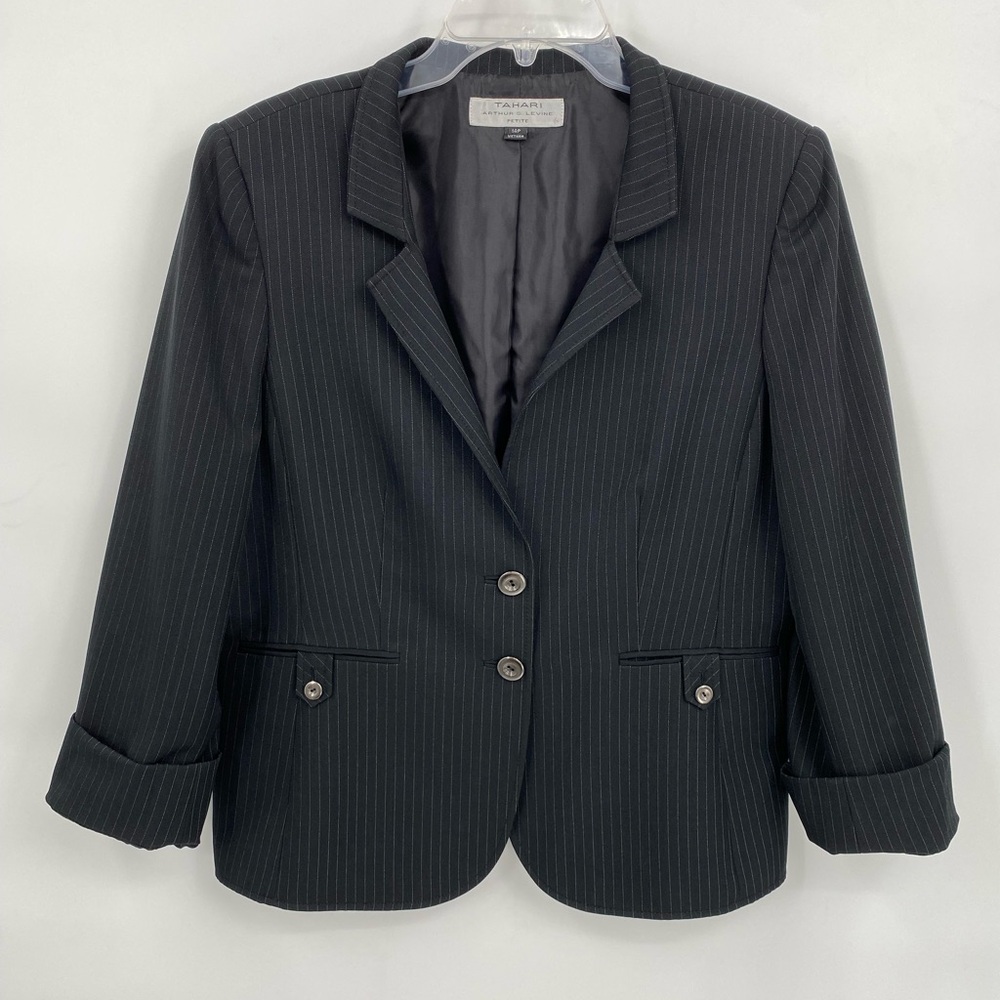 Tahari ASL Womens Black Pinstripe Blazer Size 14P Roll-up Sleeves